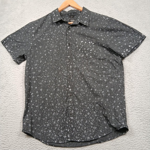 prAna Shirt Mens Large Charcoal Slim Fit Short Sleeve Button Up Floral Organic - Picture 1 of 7